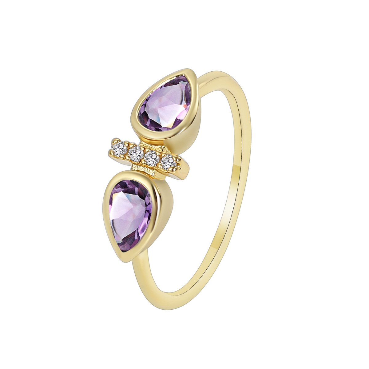 R0231 (1) Wholesale purple zircon ring with dual stones and 18K gold-plated brass open design from JuneJewelry.com – INS minimalist style for bulk buyers.