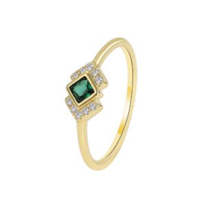 Court-Style Emerald Zircon Ring featuring an emerald-cut zircon and pavé zircon accents on a 18K gold-plated copper band from junejewelry.com—factory price, free shipping.
