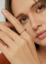 Wholesale double zircon ring – minimalist stackable open ring with two zircon stones and 18K gold plating from JuneJewelry.com, perfect for bulk resale.