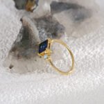 Blue Zircon Gold Ring featuring a square blue zircon on an 18K gold-plated copper band—factory-direct wholesale pricing with free shipping from junejewelry.com.