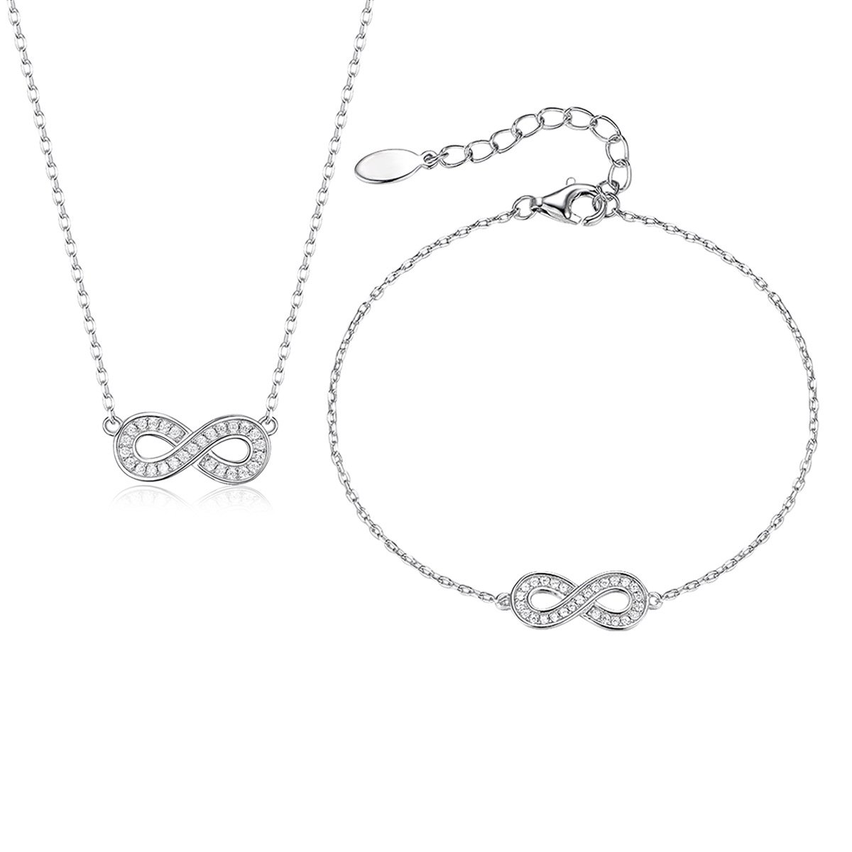 1000554 Infinity symbol 8 bracelet (21) Wholesale Infinity Silver Set, 925 sterling silver, inlaid with zircons, includes necklace and bracelet, INS style niche high-end design, from junejewelry.com.