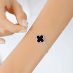 Wholesale sterling silver black onyx clover jewelry set – necklace, bracelet, ring, earrings, and ear studs from JuneJewelry.com