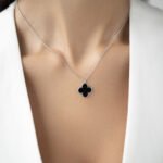 Wholesale sterling silver black onyx clover jewelry set – necklace, bracelet, ring, earrings, and ear studs from JuneJewelry.com