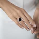 Wholesale sterling silver black onyx clover jewelry set – necklace, bracelet, ring, earrings, and ear studs from JuneJewelry.com