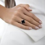 Wholesale sterling silver black onyx clover jewelry set – necklace, bracelet, ring, earrings, and ear studs from JuneJewelry.com