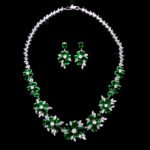 Wholesale cubic zirconia flower necklace and matching earrings set, platinum plated brass bridal jewelry from JuneJewelry.com.