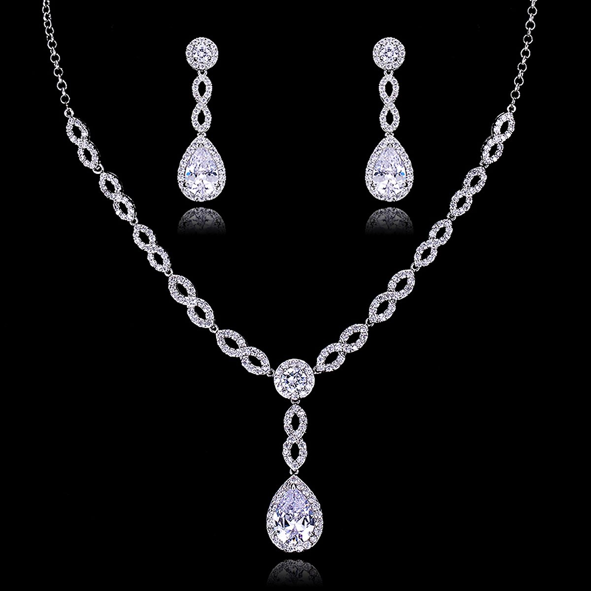 CN10125-001.308.A Wholesale bridal necklace and earrings set with platinum plating and zircon stones from JuneJewelry.com – perfect for bulk fashion jewelry orders.