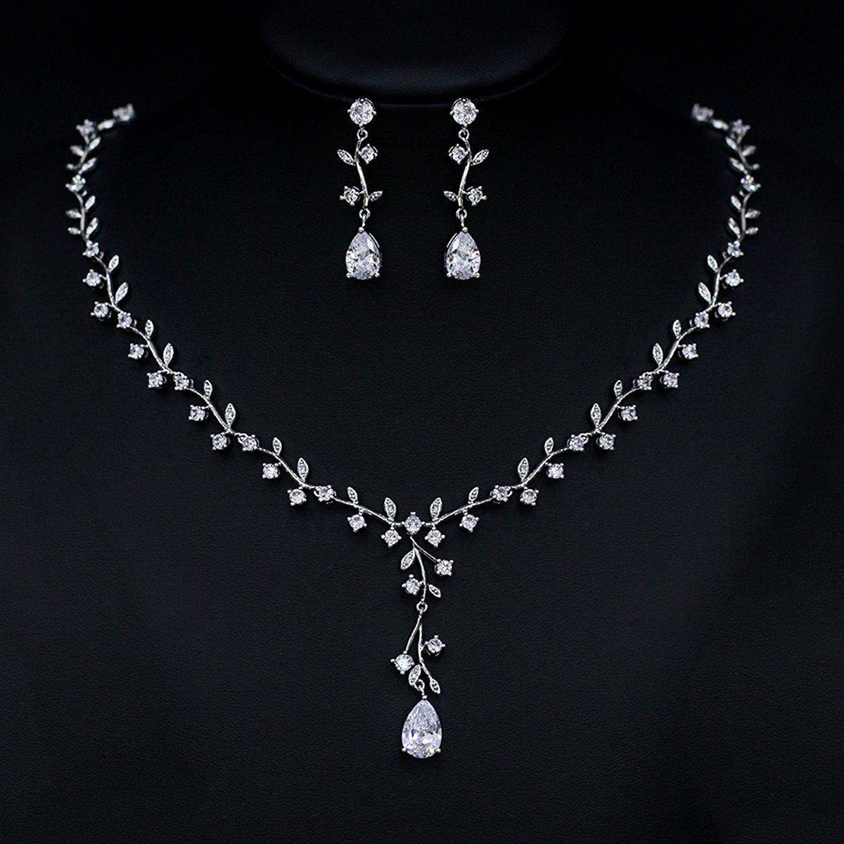 CN10443.273.A Wholesale CZ Crystal Vine Bridal Jewelry Set with wedding necklace and earrings from JuneJewelry.com – elegant platinum plated copper jewelry for bulk orders.