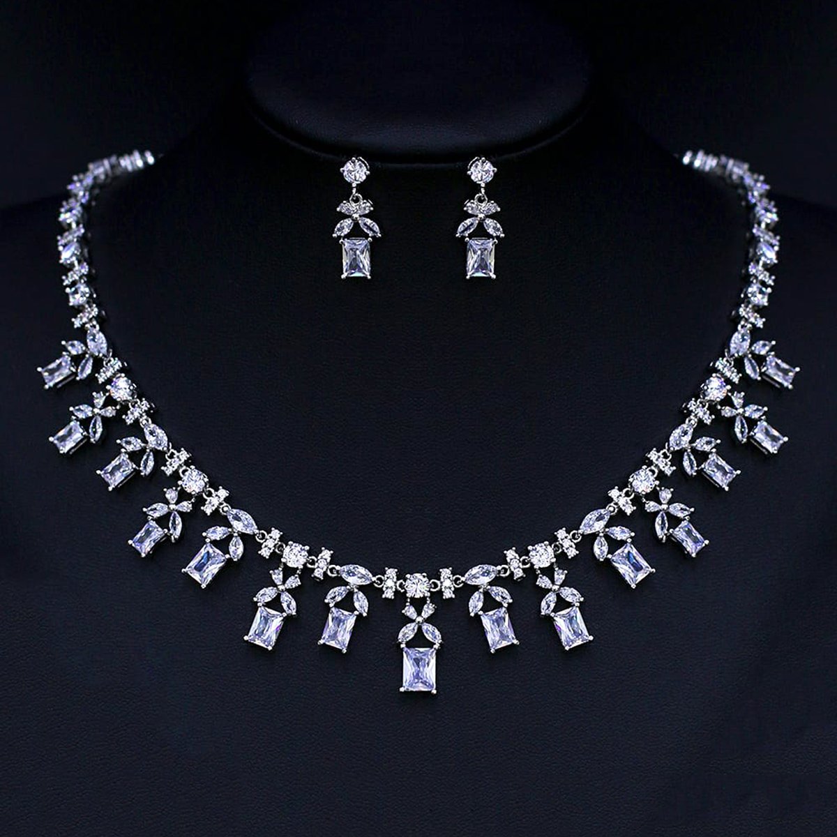 CN10446.440.A Wholesale elegant cubic zirconia wedding jewelry set with platinum-plated copper necklace and matching rectangular dangle earrings, from JuneJewelry.com.