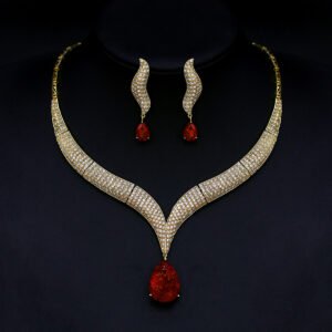 Wholesale marquise zircon bridal necklace and earring set in platinum-plated copper from JuneJewelry.com – elegant wedding and formal event jewelry for bulk orders.