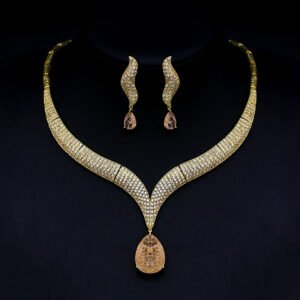 Wholesale marquise zircon bridal necklace and earring set in platinum-plated copper from JuneJewelry.com – elegant wedding and formal event jewelry for bulk orders.