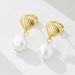 Wholesale Shell Pearl Drop Earrings, S925 sterling silver, with natural irregular freshwater pearls and a shell design, available in 18K gold or platinum plating, ideal for fashion jewelry wholesale from junejewelry.com.