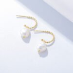 Wholesale C-Shape Pearl Earrings, 925 sterling silver, with natural irregular freshwater pearls, 18K gold plated, ideal for fashion jewelry wholesale from junejewelry.com.