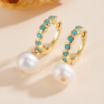 Wholesale Turquoise Pearl Huggie drop earrings, 925 sterling silver, with natural freshwater pearls and turquoise inlay, 18K gold plated, ideal for fashion jewelry wholesale from junejewelry.com.