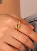 Wholesale open zircon ring with micro-paved stones and 18K gold plating, French minimalist adjustable ring from JuneJewelry.com.