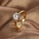 Six-prong cubic zirconia gold ring for women – minimalist solitaire design, wholesale jewelry