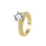 Wholesale six prong zircon ring in 18K gold plated brass – vintage style women’s fashion jewelry from JuneJewelry.com