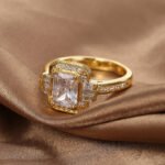 Wholesale wide band octagon zircon ring for women – vintage 18K gold plated fashion ring from JuneJewelry.com.