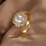 Wholesale wide band octagon zircon ring for women – vintage 18K gold plated fashion ring from JuneJewelry.com.