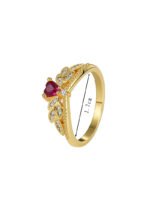 Wholesale elegant heart red zircon ring featuring an 18k gold plated copper design with a prominent red zircon and micro-pave white zircons from junejewelry.com