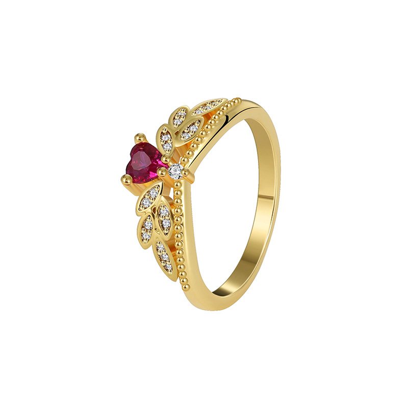 R0362 (6) Wholesale elegant heart red zircon ring featuring an 18k gold plated copper design with a prominent red zircon and micro-pave white zircons from junejewelry.com