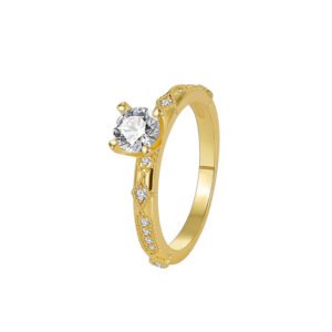 Wholesale minimalist four-prong CZ ring featuring an 18k gold plated copper design with a sparkling zircon from junejewelry.com