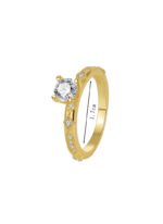 Wholesale minimalist four-prong CZ ring featuring an 18k gold plated copper design with a sparkling zircon from junejewelry.com