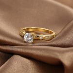 Wholesale minimalist four-prong CZ ring featuring an 18k gold plated copper design with a sparkling zircon from junejewelry.com