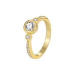 Wholesale minimalist CZ ring featuring an 18k gold plated copper design with intricate micro-pave white zircons from junejewelry.com