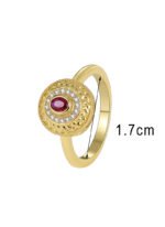 Wholesale vintage red zircon ring featuring an 18k gold plated copper design with a prominent red zircon and intricate micro-pave white zircons from junejewelry.com