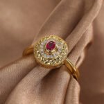 Wholesale vintage red zircon ring featuring an 18k gold plated copper design with a prominent red zircon and intricate micro-pave white zircons from junejewelry.com