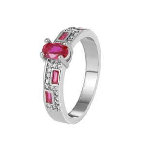 Wholesale red zircon ring in French sweet-cool style with micro-pavé white stones – 18K gold or platinum plated brass from JuneJewelry.com.