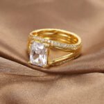 Wholesale minimalist square zircon ring for women in 18K gold plated brass – fashion jewelry from JuneJewelry.com.