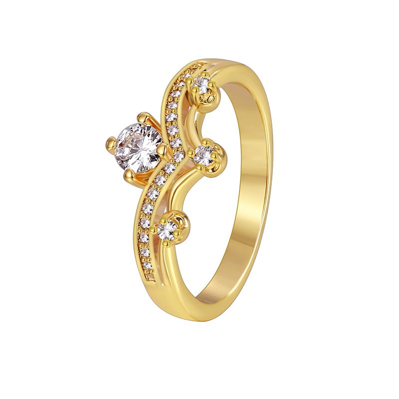 R0389 (1) Wholesale dainty zircon ring with micro-pavé white stones in 18K gold plated brass from JuneJewelry.com – minimalist fashion jewelry for women.