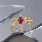 Wholesale red oval ring, 18K gold plated copper, with a luxurious red oval zircon, ideal for fashion jewelry wholesale from junejewelry.com.