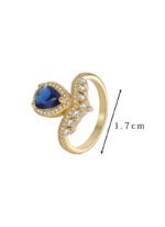 Wholesale teardrop blue ring, 18K gold plated copper, with a teardrop blue zircon and micro-pave white zircons, ideal for fashion jewelry wholesale from junejewelry.com.