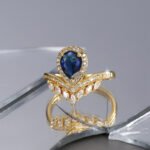 Wholesale teardrop blue ring, 18K gold plated copper, with a teardrop blue zircon and micro-pave white zircons, ideal for fashion jewelry wholesale from junejewelry.com.