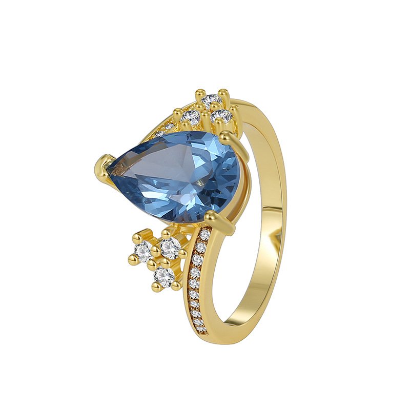SKU-01- Blue teardrop zircon ring for women – 18K gold plated copper wholesale jewelry from JuneJewelry.com