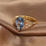 Blue teardrop zircon ring for women – 18K gold plated copper wholesale jewelry from JuneJewelry.com