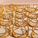 Wholesale mesh cuff bracelet with wire wrap and gold beads in 18K gold plated brass from JuneJewelry.com – handcrafted wide statement bangle.