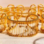 Wholesale mesh cuff bracelet with wire wrap and gold beads in 18K gold plated brass from JuneJewelry.com – handcrafted wide statement bangle.