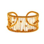 Wholesale mesh cuff bracelet with wire wrap and gold beads in 18K gold plated brass from JuneJewelry.com – handcrafted wide statement bangle.
