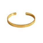 Wholesale gold cuff bracelet with vertical striped texture, 18K gold plated open bangle from JuneJewelry.com – minimalist luxury wrist jewelry.