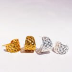 Wholesale Geometric C-Hoop Earrings in 18K gold and platinum plated brass from JuneJewelry.com – unique hollow rhombus design for bulk fashion jewelry orders with free shipping.