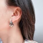 Wholesale C-Shape Bold Earrings, copper material, with a unique wave streamline geometric design and three-ring half-circle style, available in 18K gold or platinum plating, ideal for fashion jewelry wholesale from junejewelry.com.