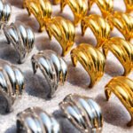 Wholesale C-Shape Bold Earrings, copper material, with a unique wave streamline geometric design and three-ring half-circle style, available in 18K gold or platinum plating, ideal for fashion jewelry wholesale from junejewelry.com.