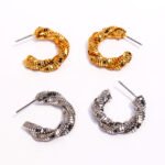 Wholesale Textured C-Hoop Earrings in 18K gold and platinum plated brass from JuneJewelry.com – unique irregular geometric design for bulk fashion jewelry orders with free shipping.