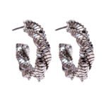 Wholesale Textured C-Hoop Earrings in 18K gold and platinum plated brass from JuneJewelry.com – unique irregular geometric design for bulk fashion jewelry orders with free shipping.