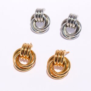 Wholesale Bold Earrings, copper material, with a unique double-ring chain knot geometric design, available in 18K gold or platinum plating, ideal for fashion jewelry wholesale from junejewelry.com.
