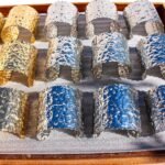 Wholesale statement bangle bracelet with foil-wrinkle texture, wide metal open cuff plated in 18K gold or platinum – bold fashion jewelry from JuneJewelry.com.